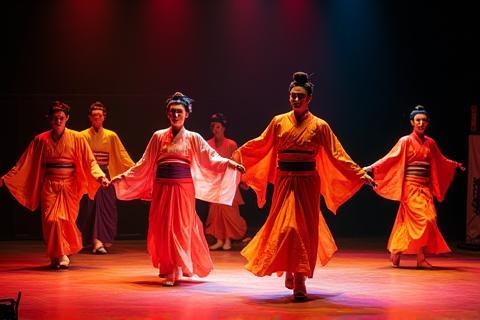 Performers in traditional Japanese attire on a stage