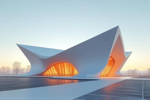 Architectural rendering of a futuristic EXPO pavilion