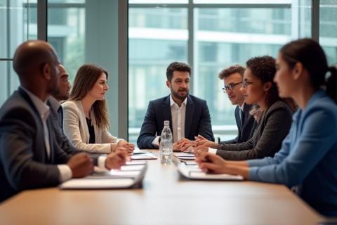 Diverse group of people in discussion around a table