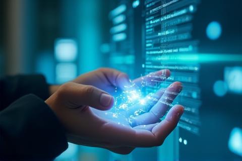 Hands interacting with a futuristic holographic display